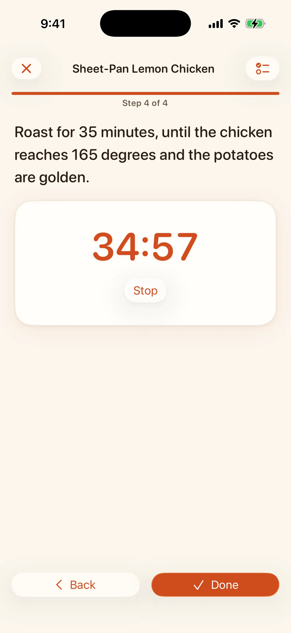 A running 35 minute timer on a roasting step in Trivet