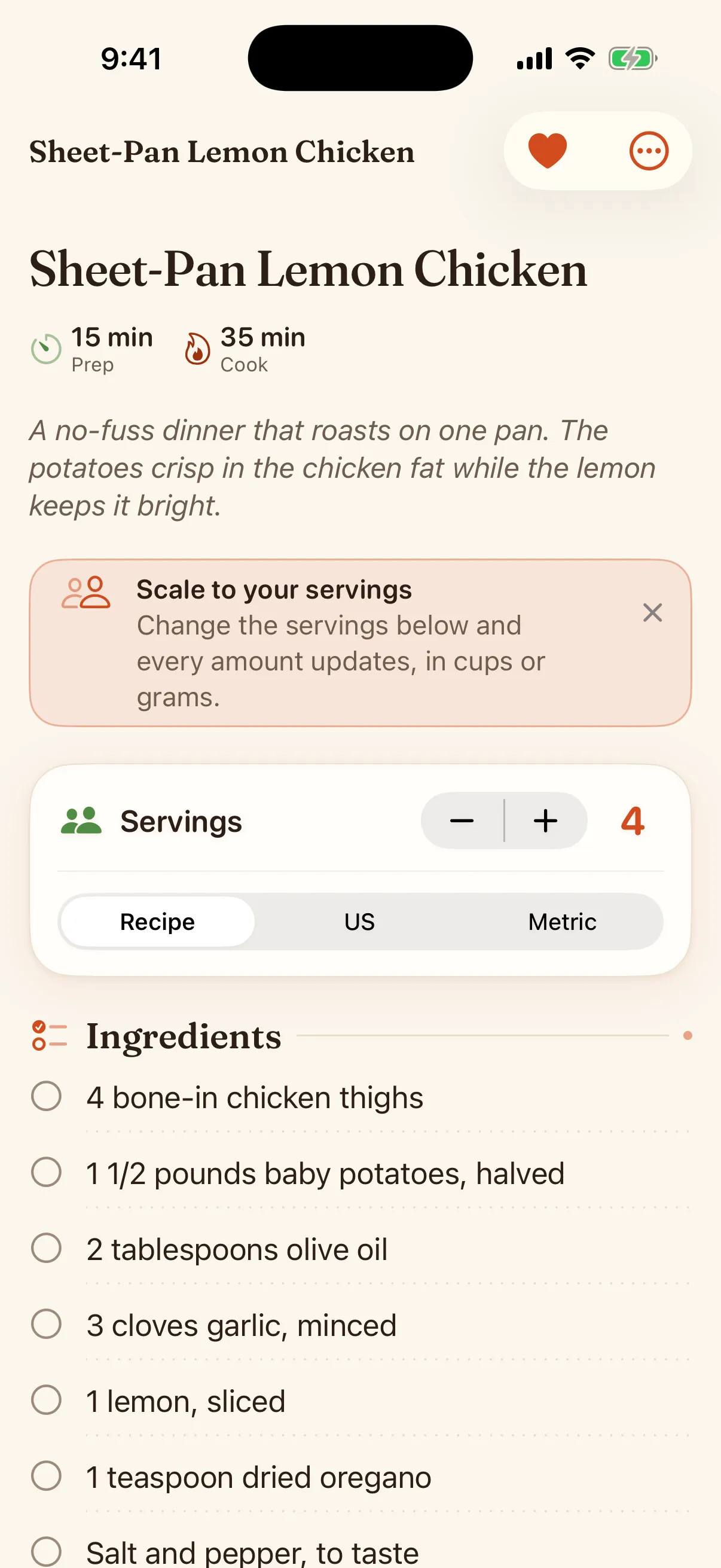 A recipe in Trivet with a servings scaler and parsed ingredients